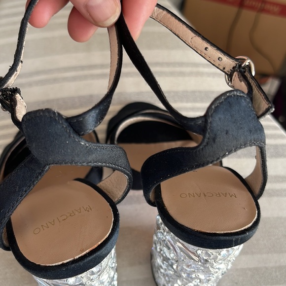 NWOT MARCIANO “LEENA” BEJEWELED CHUNKY HEEL. Sz 5M. Black satin/silver heel. - Picture 8 of 10